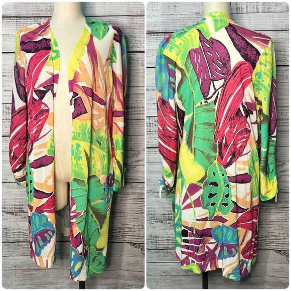 Chicos 2 Large Colorful Jungle Duster Tropical Floral Print Cardigan - Picture 1 of 12